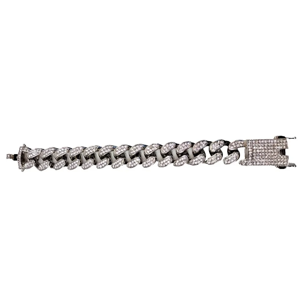 Miami Cuban Link Bracelet Silver Tone Solid Heavy Full Of Rhinestones Hip Hop